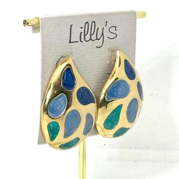 Vintage Lilly’s Blue Green & Gold Enamel Geometric Post Earrings - Picture 4 of 5